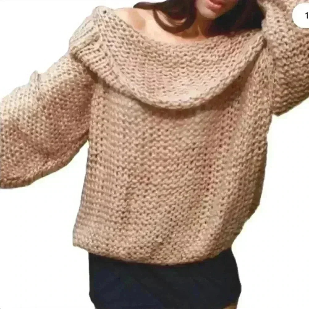 NWOT‎ Debut Nordstrom Gray Loose Knit Crop Cowl Neck Cinch Waist Sweater Size S